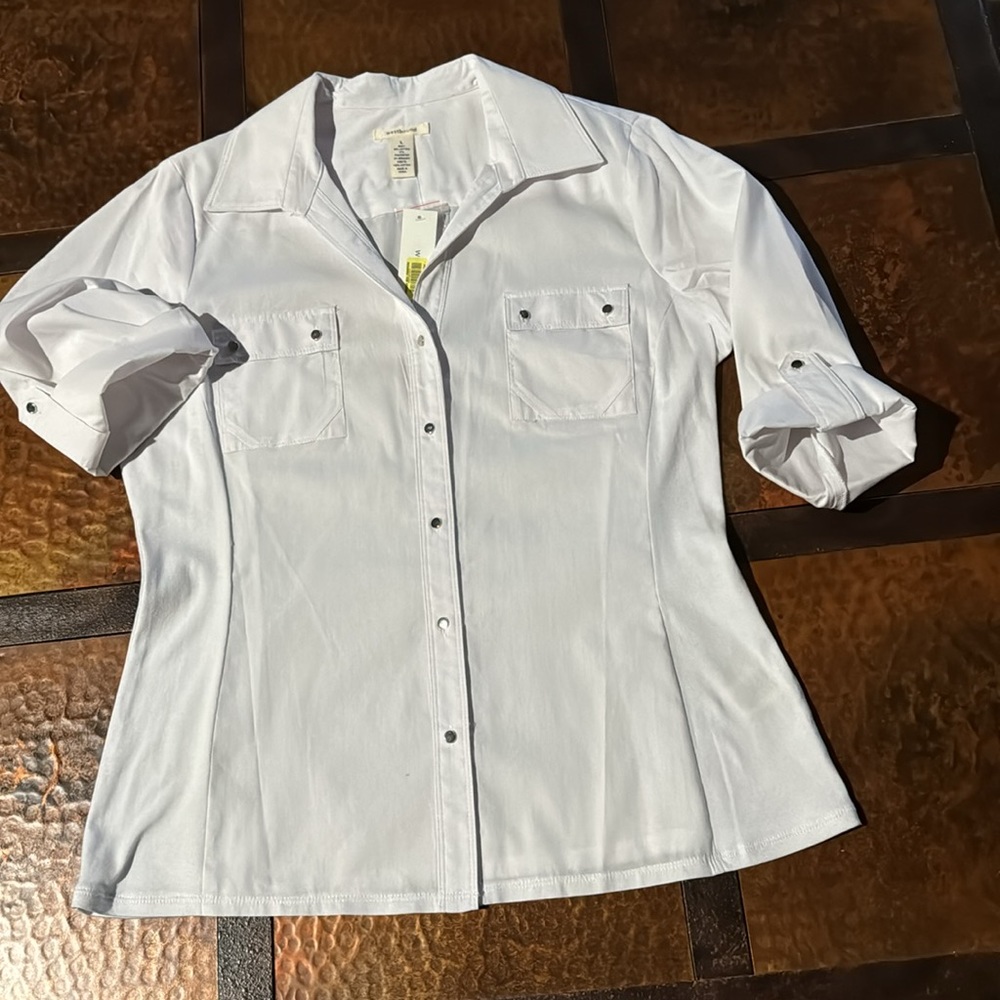 Westbound White Roll Tab Sleeve Point Collar Y Neck Button Front Pockets White L